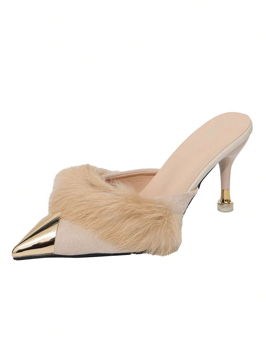 Women's Sexy Pointed Toe High Heel Fluffy Slide Sandals - Beige - View 1