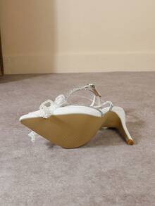 Elegant Women's Pointed Toe Solid Color Pumps, Fashion Rhinestone Bow Sexy Rhinestone Strap Shoes - White - View 4