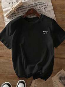 Bow Knot Print Wide Shoulder Loose Short Sleeve-Shirt Topspring,Vintage Women Clothes,Summer Tops Women,Tops Women,Tops Women Clothes,Spring Clothes,Cute Tops Women,Cute Tops Women,Vacation Outfits Women,Summer Outfits Women,Summer Outfits,Beach Outfits - 黑色 - 查看 3