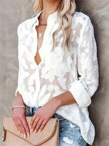 Women's Elegant Long Sleeve Stand Collar Textured Button Down Shirt Blouse, Suitable For Elegant Summer, Women's Spring Summer Clothing, French Summer Lightweight Shirt, Women's Beach Cover-Up For Summer, Business Casual Women Shirt - White - View 9