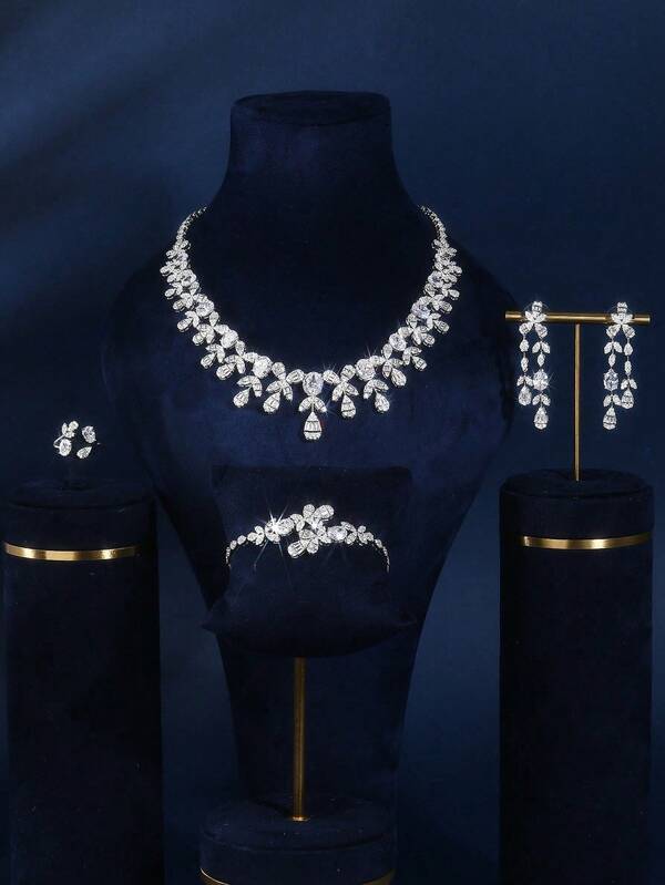 4pcs Silver-Tone Fully Paved Stone Minimalist Fashion Jewelry Set, Necklace, Earrings, Bracelet, Open Ring, Suitable For Women's Daily Wear, Holiday Gift