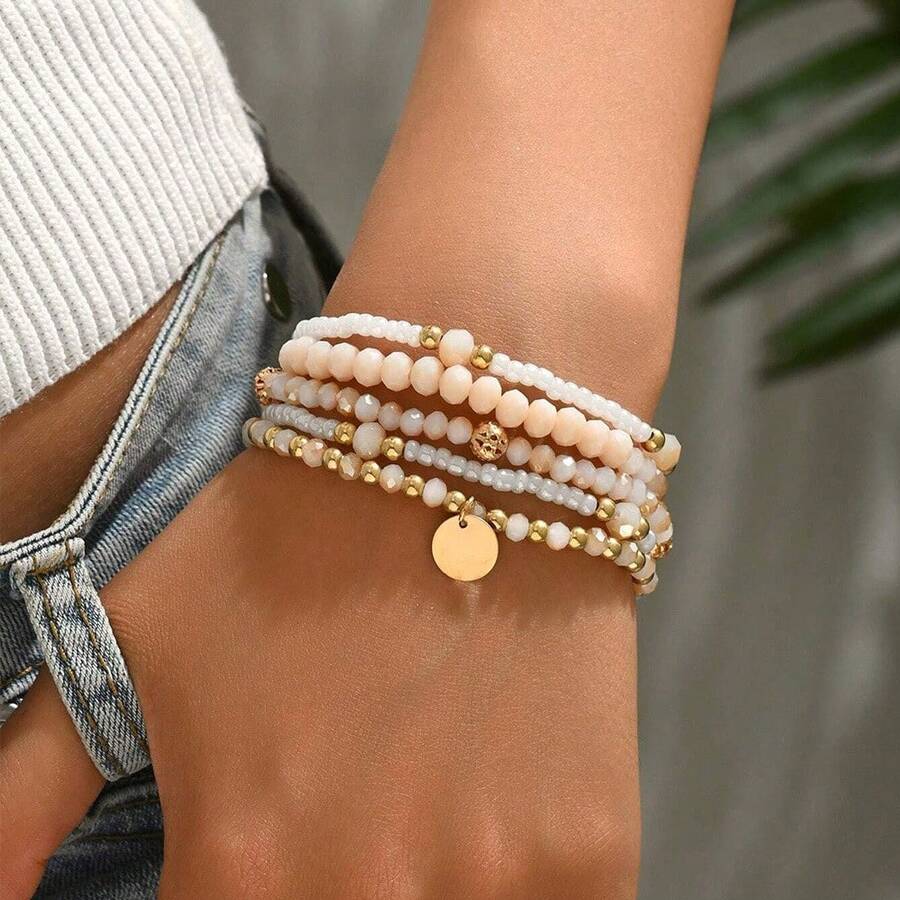 HandFashion Versatile Multi-Style Five Piece Bracelet Set Simple Braided Stretch Glass Rice Bead Round Piece Charm Hand Jewelrymade Bohemian Style Women's Bracelet Set Simple Elastic Glass Bead Round Pendant Pearl Jewelry Anniversary - 杏色 - 查看 1