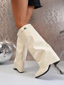 Women's Fashion Chunky Heel Knee-High Boots, Pointed Toe Buckle Straight Tube Leather Boots, Autumn/Winter New Versatile Design White Knee-High Slip On Long Boots - White - View 6