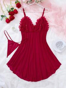 Christmas Leaf & Floral Lace Trim Sexy Lingerie Set - Burgundy - View 2
