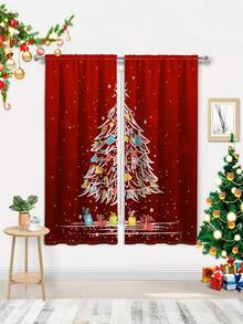 2PCS Christmas-Themed Brushed Fabric Digital Print Curtains, Lively And Playful Style Design With Red Background, Hand-Drawn Christmas Tree, Colorful Decorations And Gifts, Rod Pocket Installation, Semi-Transparent Polyester Fiber Material, Suitable For Living Room, Kitchen, Bedroom, Dining Room, Filling Your Home With Festive Atmosphere