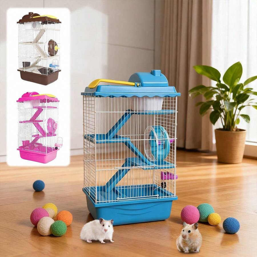 Jaula Premium Para Hámster,Jaula De Hámster De 4 Pisos Con Tobogán Y Hervidor De Agua Blue/marrón,23*17*44cm,Un parque infantil para animales pequeños, fácil de limpiar, resistente y duradero,Portátil y conveniente, la jaula para mascotas es pequeña y exquisita, bien ventilada, fácil de llevar a su mascota al hospital/juego al aire libre. Todo el dispositivo es muy ligero y se puede llevar fácilmente en viajes al aire libre, ya sea en paseos o excursiones. Pintura sin plomo, por lo que no es tóxica para los hámsters.