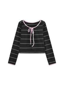 独特的条纹T恤，修身显瘦，适合初秋穿着。 - 黑色 - 查看 6