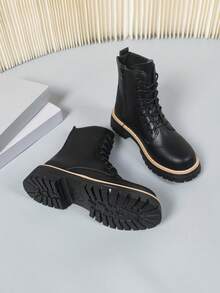 Women's Ankle Boots And Short Boots, Lace-Up Side Zipper Thick-Soled Boots, Combat Boots. Fashionable And Versatile Motorcycle Boots, Black Utility Boots For Spring, Autumn And Winter. Daily Wear Dress Boots For Parties, Banquets, Weddings. Suitable For Pairing With Jeans, Skirts, Leather Pants, Dresses, Leather Jackets, Sweaters, Down Jackets, Hoodies, Leather Jackets, Jackets. - Black - View 6