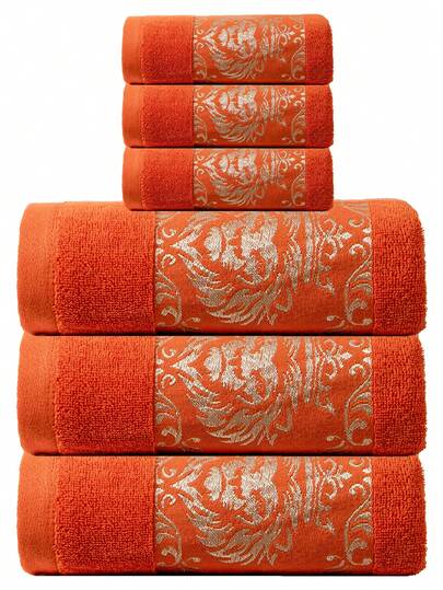 1 pieza Juego de toallas minimalista con estampado de león en jacquard naranja, incluye 1 toalla de baño rectangular de 70*140cm, 1 toalla de mano de 34*74cm y 1 pañuelo cuadrado de 34*34cm, fabricado en algodón suave, de secado rápido y absorbente, adecuado para baño, cocina, viajes, regalos, gimnasio, playa, hotel, salón