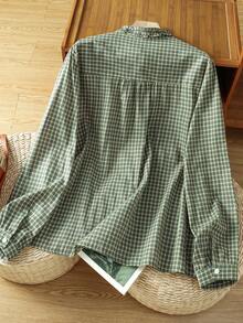 2026 Autumn/Winter New Versatile Casual Japanese Style Green Plaid Frill Trim Shirt For Women Spring - Green - View 2