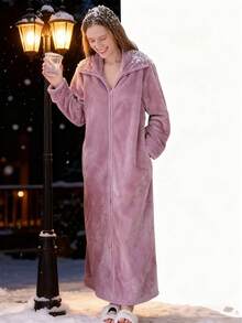 1pc Women And Men's Long Zip Up Robe Fleece Bathrobe Long Zipper Lounger Warm Housecoat Long Sleeve Nightgown With Pockets, Comfortable Flannel, A Must-Have For Halloween And Christmas, Nightgown, Warm And Cold-Proof,Flannel Warm Design, A Must-Have Warm Suit For Autumn And Winter - Nhiều màu - Xem 3