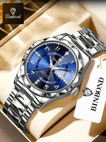 BINBOND B6632 时尚男士腕表 商务防水双日历不锈钢夜光石英表 - 藍色 - 查看 10