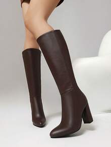 优雅尖头侧拉链粗跟及膝靴，时尚高跟鞋，百搭户外穿着，秋冬 - 棕 - 查看 4