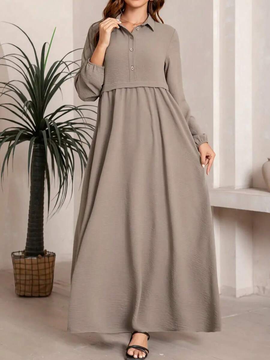 Middle Eastern Style Modest Long Dress For Women Spring - Khaki - View 1