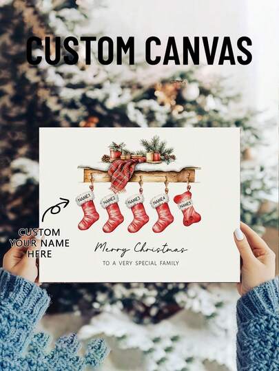 1 pieza Pintura en lienzo enmarcada y personalizada con calcetín de Navidad impreso, Personaliza murales decorativos navideños con nombres de familia, Regalo familiar, Artesanía decorativa navideña exclusiva para fiestas navideñas, dormitorios o salas de estar, Decoración navideña para el hogar, Regalo de Navidad 2025