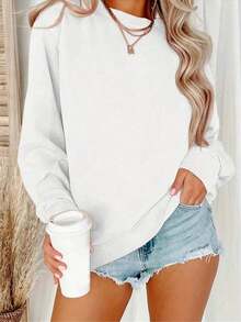 Simple Round Neck Long Sleeve Casual Thin Pullover Sweatshirt, Long Sleeve Comfortable Cotton Sweatshirt - trắng - Xem 1