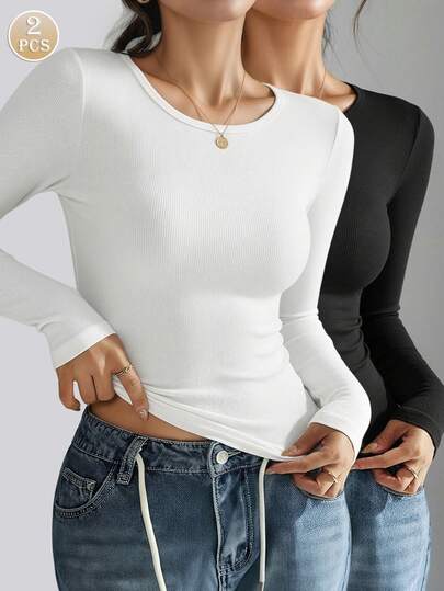 مجموعة من قطعتين، تي شيرت أكمام طويلة مضلع بلون أحادي للنساء، أسود وأبيض، قمصان كاجوال مريحة ومناسبة للخريف/الشتاء