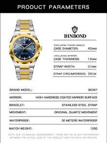 BINBOND B860 Business Watch Men's Watch 30M Waterproof Calendar Date Function Rhinestone Stainless Steel Watchband Male Quartz Watch - Gold - View 8