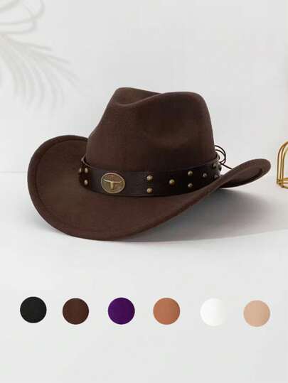 1pc Unisex Polyester Cow Print Western Cowboy Hat - Wide Brim, Durable Polyester Felt Material, With Detachable Bull Head Rivets Decoration, Retro Western Style, Unisex. It Is Very Suitable For Outdoor Travel, Daily Wear, Outdoor Horseback Riding, Parties, Music Festivals, Stage Performances And Western Cowboy Gatherings. It Is A Fashionable And Versatile Cowboy Style And Outdoor Travel Hat