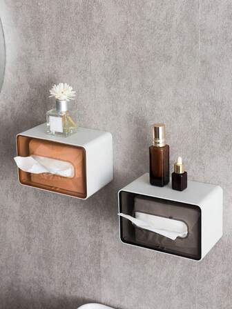 1pc Plastic Wall-Mounted Bathroom Tissue Box, Waterproof Toilet Paper Holder, No Drilling Required, For Hotel Bathroom Roll Paper Storage Rack