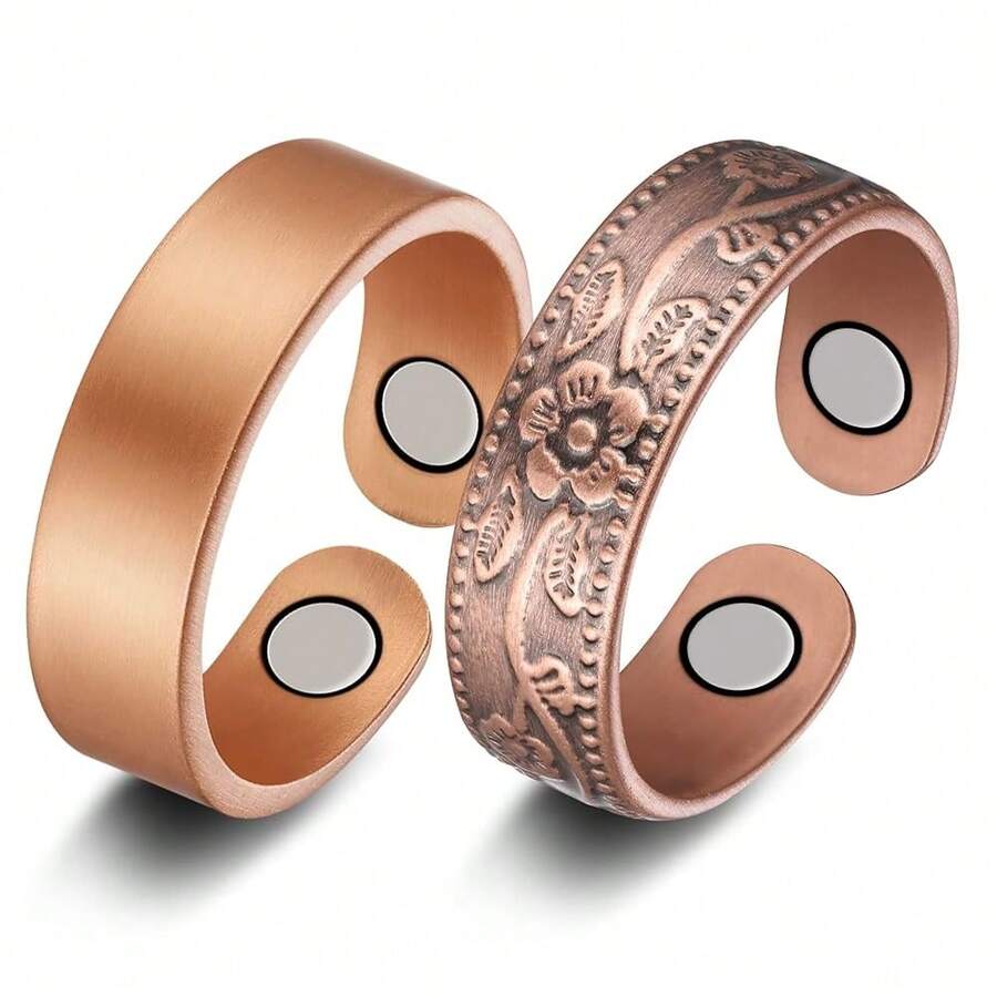 Jecanori 2PCS Copper Rings For Women Men,Magnetic Ther.Apy Copper Ring, Adjustable Jewelry Gift With Box (Vintage Flower|Uncoated Sleek){Inchcolor_nameinch:InchCopperinch} - 銅 - 查看 1