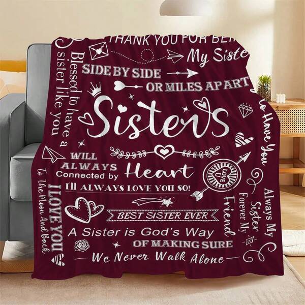 1 szt. Serdeczny prezent dla siostry – miękki i przytulny bordowy flanelowy koc z inspirującym przesłaniem, dwustronny, całoroczny wzór – idealny na sofę, łóżko, do biura lub na kemping – idealny prezent urodzinowy lub świąteczny