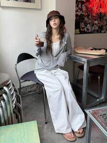 女士宽松休闲薄款分层设计套头衫 - 灰色 - 查看 6