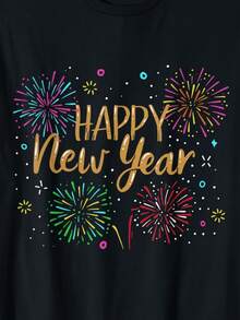 Feliz Año Nuevo 2025 Camiseta de Algodón para Hombre - Cuello Redondo Casual, Manga Corta con Diseño de Impresión Único, Perfecta para Verano y Otoño - Regalo Ideal, Mejor para Navidad - Negro - Ver 3