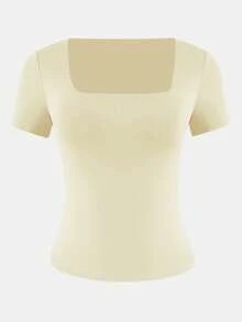 XLLAIS 女士基础款纯色方领短袖上衣，黄色弹力修身T恤，休闲夏季款 - 淺黃色 - 查看 4