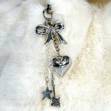 1PC Aesthetic -Style GuitarKeychain With Star & Heart Charm,Edgy Silver Metal Pendant For Bag,Keys, Phone, Unique Party Gift - Silver - View 2