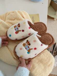 XIXITIAO 1双可爱波点小狗卡通趣味毛绒家居拖鞋，时尚舒适铃铛小狗波点图案平底鞋，男女通用保暖套脚拖鞋 - 棕色 - 查看 8