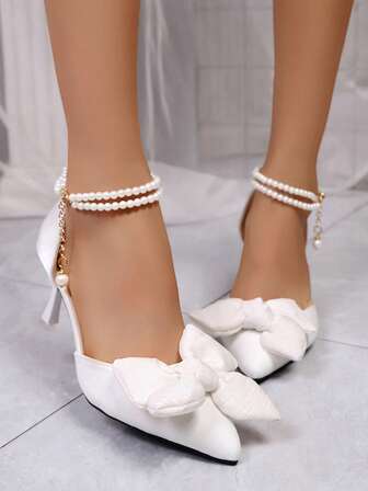 Pointed Toe Hollow Bowknot Women's High Heel Pumps, Solid Color Western Style Wedding Fabric Buckle Bowknot Pearl Women's High Heel High Heel Sandals, Wedding Office Spring Summer New Bride Wedding High Heels Party Elegant Shoes