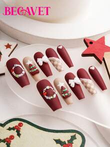 BEGAVET 10pcs Handmade Salon Quality Christmas Press On Nails Super Long Exclusive Design 3D Nails With 3D Charms, Suitable For Parties/Music Festival And Daily Wear - Burgundy - View 3