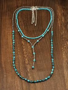 Collar en forma de lágrima de turquesa, set de 3 collares de estilo occidental/campestre con textura de perlas falsas, joyería de moda para mujer, collar bohemio vintage ajustable con cuentas para niñas - Turquesa - Ver 3