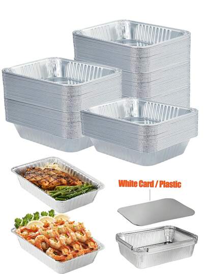 700ml Capacity Rectangular Aluminum Foil Pans With Lid, Disposable Baking Trays, Food Storage Containers, Can Be Used For Cooking, Baking, Meal Preparation, Take-Out, Kitchen