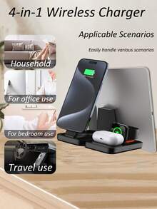 Four-In-One 15W Wireless Charging Station With Three Charging Ports, Compatible With IPhone 16/15/14/13/12, Pro Models, And  Watch Series 10/9/8/SE. - Black - View 2