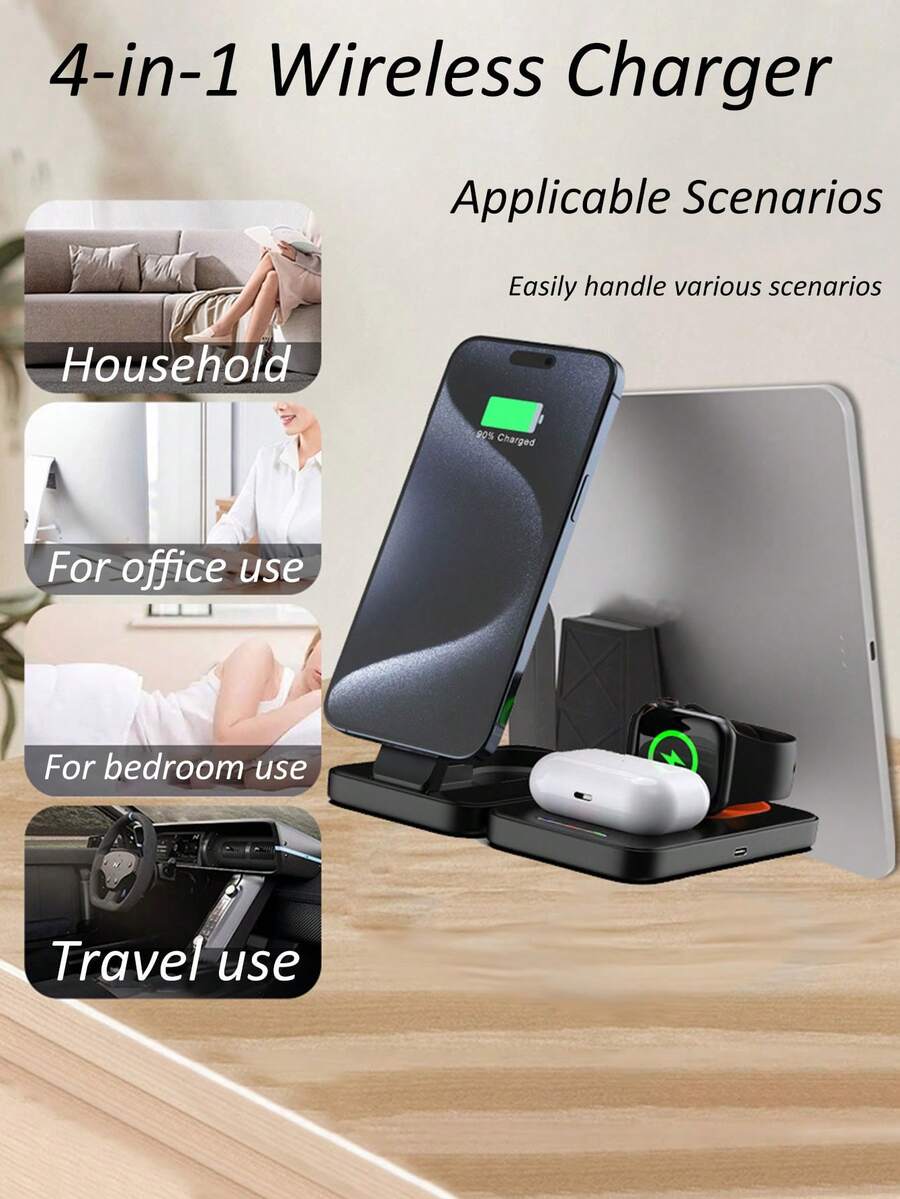 Four-In-One 15W Wireless Charging Station With Three Charging Ports, Compatible With IPhone 16/15/14/13/12, Pro Models, And  Watch Series 10/9/8/SE.