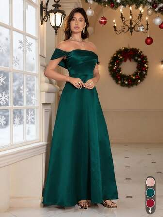 女士优雅露肩开衩派对连衣裙