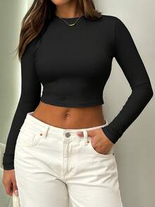 Women Casual Solid Color Slim Fit Cropped Long Sleeve T-Shirt, Spring/Summer - Black - View 5