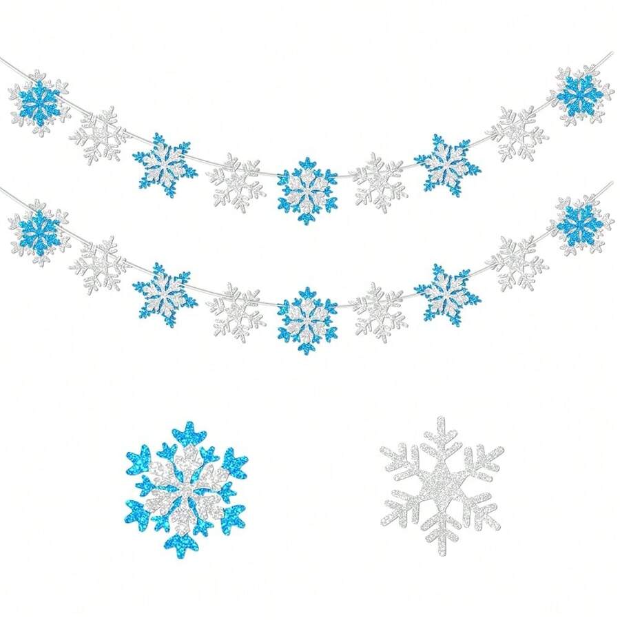 Glitter Frozen Snowflake Garland Banner Winter White And Blue Snowflakes For Wonderland Frozen Party Decorations, Birthday And Christmas Deco{Inchcolorinch:InchWhite And Blueinch} - 白色和藍色 - 查看 1