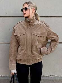 优雅女士麂皮夹克，长袖，翻领，带口袋，拉链，女士外套，时尚复古，高街品牌 - 卡其色 - 查看 6