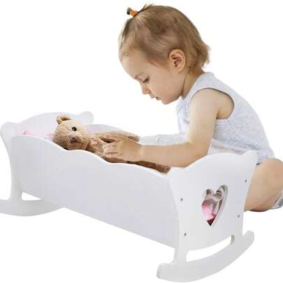 Wooden Dolls Furniture - Dolls Cot Bed With Bedding Baby Dolls Crib Doll Rocking Cradle/ White Dolls Play Bunk Bed With Ladder/Dolls Cabinet Wardrobe With 6PCS Hangers, Pretend Play Furniture Toy Set,Perfect Christmas Gift For Boys And Girls