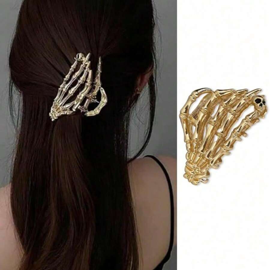 1 Piece Gothic Black Hair Clip Silver Tone Metal Claw Skeleton Skull Design Hair Accessories For Women Men Alternative Fashion Punk Grunge Style Cosplay Concert Rave Halloween Party Gift - 金色 - 查看 1