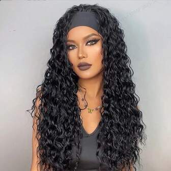 Synthetic Kinky Curly Headband Wig Long Deep Wave Afro Kinky Wigs With Headband For Women