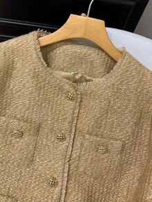 GMFP 女士新年/情人节套装，休闲复古纹理金属单排扣圆领短款金色羊毛抓绒外套，冬季