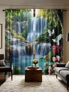 2pcs Nature Waterfall Forest Landscape Blackout Curtains, Polyester, With Rod Pocket, Modern Style, Machine Washable, Suitable For Bedroom And Multiple Rooms - Multicolor - View 13
