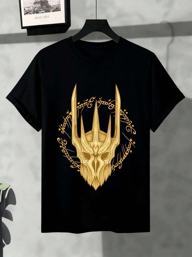 LO RD OF THE R INGS Helmet Ring T-Shirt, Plus Size, Combed Cotton, Breathable, Oversized, Essential, Winter Essential - 黑色 - 查看 2
