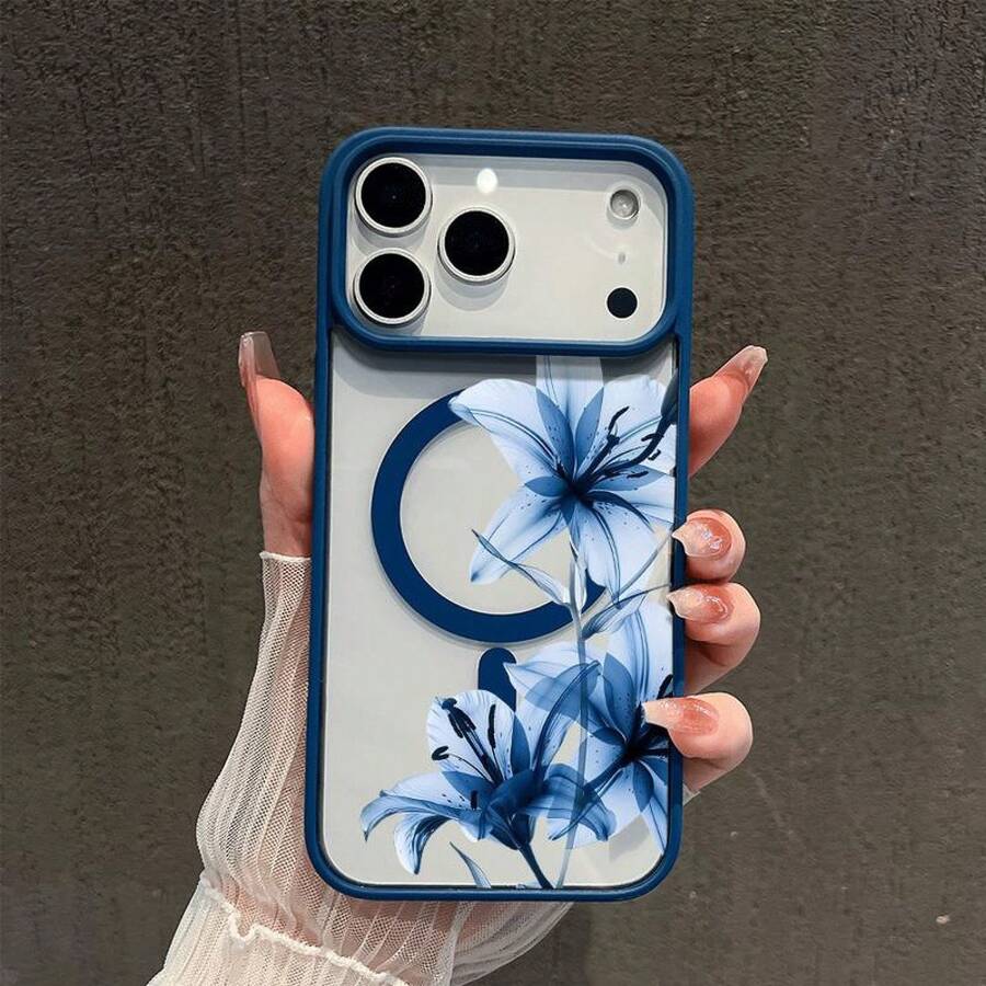 Blue Lily Whisper Large Hole Matte Frame Transparent Magnetic Sticker Suitable For IPhone 17 Air 16 15 14 13 12 Pro Max/17 16 15 14 Plus X/XS Max Phone Case Compatible With Samsung S22 S23 S24 S25 Plus/Ultra/Plus/FE/+ Shockproof Protective Case Supports Wireless Charging - 藍色 - 查看 1