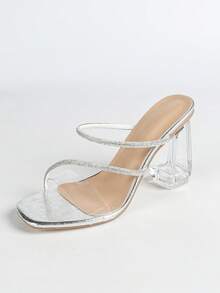 Giày cao gót pha lê dày cho nữ, mũi vuông, quai đính đá giả, mũi hở thanh lịch và thời trang, trang phục dự tiệc gợi cảm, mùa hè/thu, giày cao gót - Bạc - Xem 11