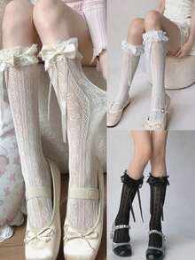 1 Pair White Lace Lolita Knee High Socks, Feminine Frilly Mid,Calf Stockings, Japanese Style Tights, Lolita, Cozy Socks - 彩色 - 查看 10